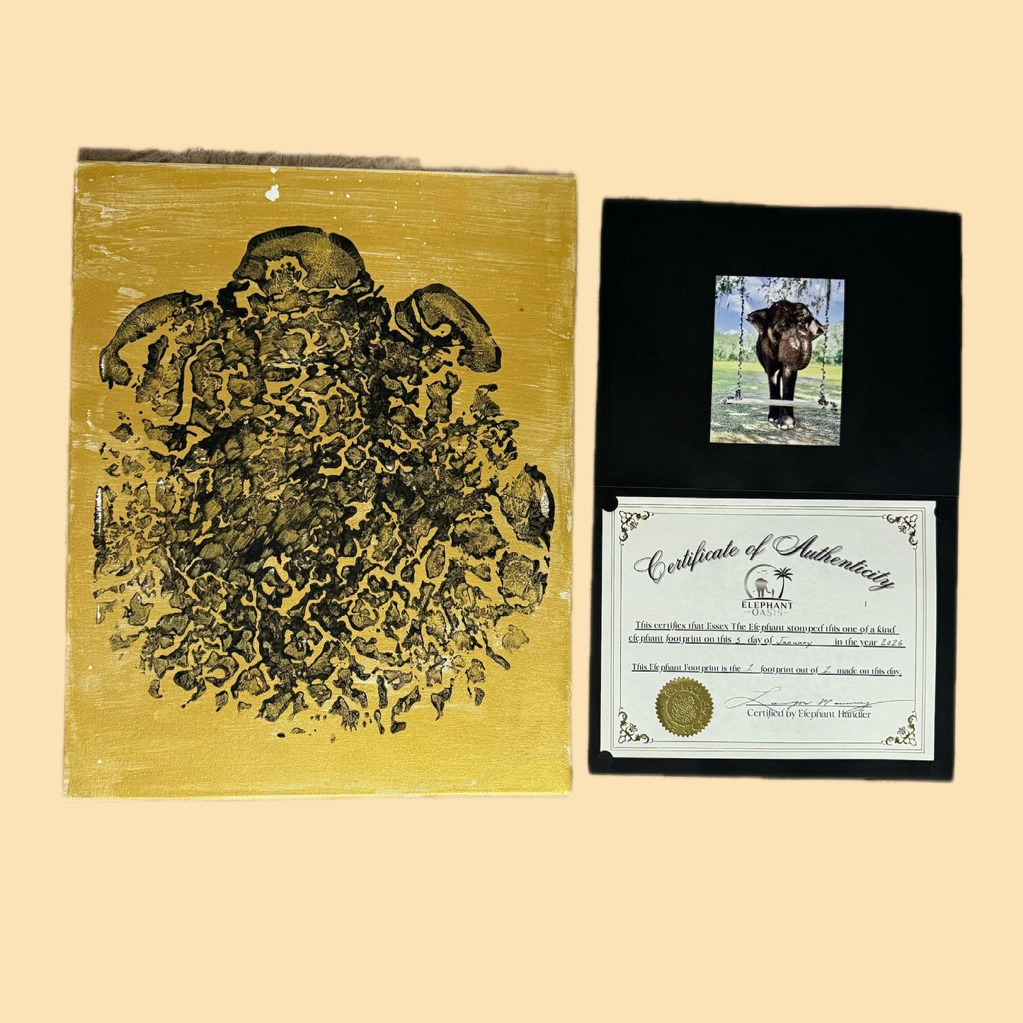 Black foot print on gold canvas