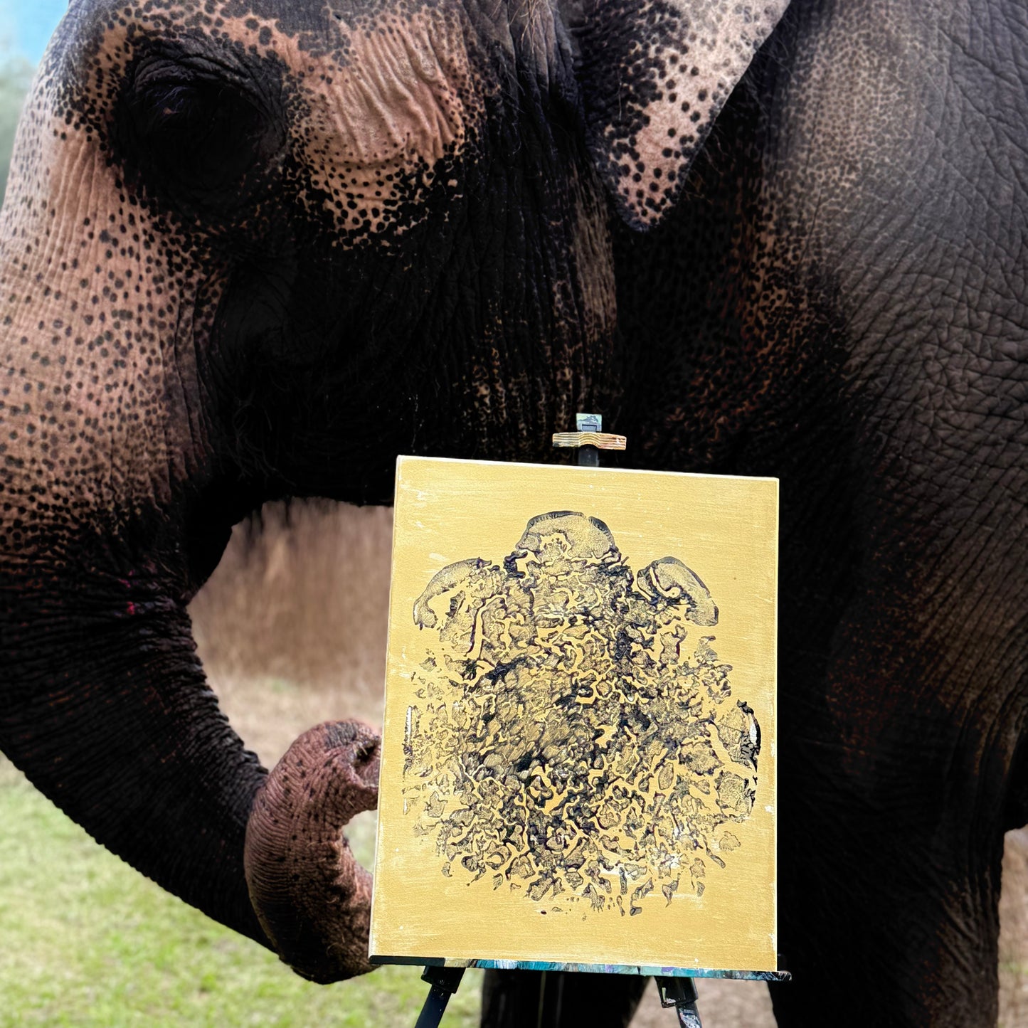 Black foot print on gold canvas